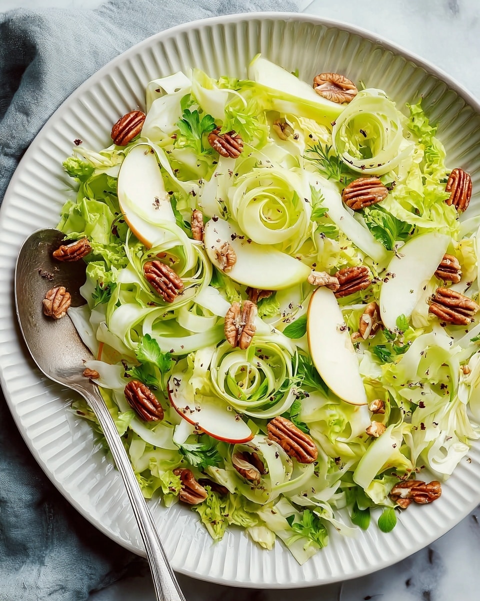 A fresh salad is shown in a white bowl with a ridged edge, set on a white marbled surface. The base layer is made of light green curly lettuce leaves and wide pale green cabbage strips. On top, there are thin spiral ribbons of pale green cucumber and celery mixed with slices of green apple with red edges. Scattered across the salad are whole and halved pecan nuts, small green herb leaves, and tiny black seeds sprinkled over. A silver spoon rests inside the bowl on the left side. photo taken with an iphone --ar 4:5 --v 7