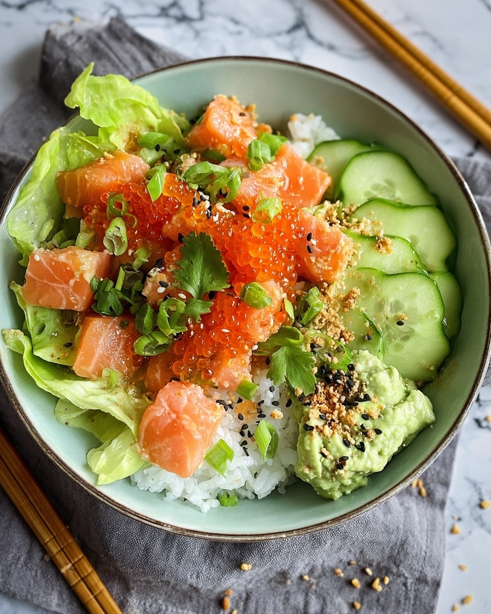 A bowl filled with white rice as the base layer, topped with light green lettuce and dark green cucumber slices forming the second layer around the edge. The third layer consists of soft, pink cubes of raw salmon neatly placed on top, scattered with bright orange fish roe. Green chopped scallions, cilantro leaves, and crunchy tan bits sprinkled over add texture and color contrast. A creamy, light green avocado mix spread partially on one side, dotted with sesame seeds and tiny black seeds throughout, completes the dish. The bowl sits on a gray cloth on a white marbled surface with wooden chopsticks beside it, photo taken with an iphone --ar 4:5 --v 7