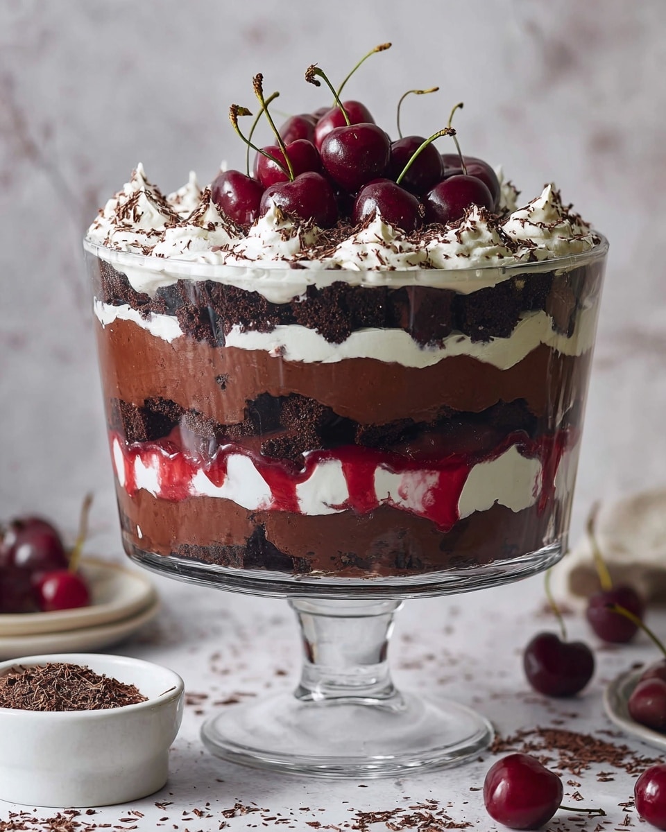 A tall clear glass trifle dish shows a layered dessert with five visible layers from bottom to top: dark brown chocolate cake pieces, thick smooth chocolate pudding, dark brown chocolate cake pieces again, creamy white whipped cream, and a bright red cherry sauce layer with some dripping slightly down the sides; the top is finished with a thick layer of white whipped cream dollops sprinkled with fine chocolate shavings and a cluster of shiny dark red cherries with green stems in the center. The dish is on a glass pedestal and placed on a white marbled textured surface scattered with whole cherries and a small white bowl of chocolate shavings nearby. photo taken with an iphone --ar 4:5 --v 7