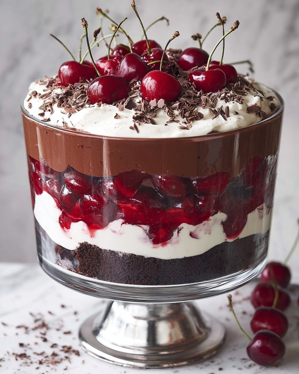A tall glass trifle bowl shows a layered dessert with six main layers: the bottom layer is dark, crumbly cake; above that is a smooth, glossy chocolate pudding layer; next is a thick white cream layer; then a bright red cherry sauce layer with visible whole cherries; another layer of chocolate pudding follows; and the top layer is a fluffy white whipped cream spread unevenly. On top, fresh shiny cherries with green stems are placed in the center, sprinkled with small dark chocolate shavings. The bowl is set on a silver stand on a white marbled surface. photo taken with an iphone --ar 4:5 --v 7