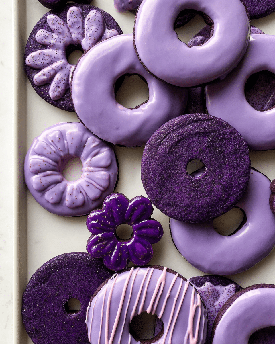 A tray shows an assortment of purple cookies with various shapes and icing styles on a white marbled surface. There are large round cookies with smooth light purple icing covering the top, and some donut-shaped cookies with the same smooth icing, revealing dark purple cookie edges and centers. Among them are smaller flower-shaped cookies, some fully iced in light purple and others showing a deep purple textured dough. One round cookie has light purple icing drizzled in thin lines across its dark purple base, and a few smaller flower-shaped cookies with a speckled texture sit scattered on top, adding dimension to the overall arrangement. photo taken with an iphone --ar 4:5 --v 7