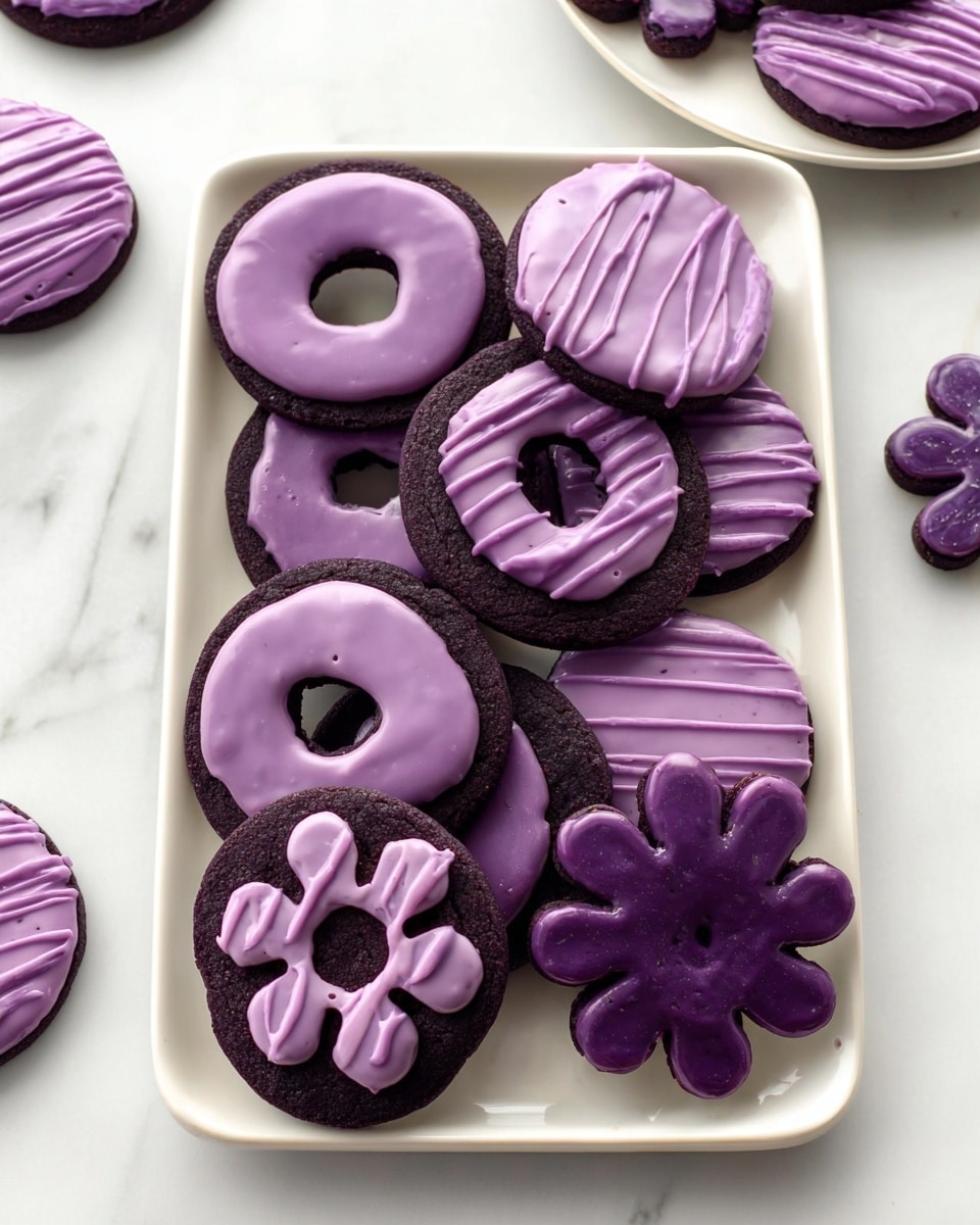 A white rectangular plate holds an assortment of dark purple cookies with smooth, shiny, light purple glaze on top. There are about nine cookies in different shapes and textures: round ones with solid light purple glaze, round ones with a flower-shaped hole in the center filled with glaze, some with light purple drizzle in stripes, and small flower-shaped cookies fully covered or plain. The cookies have a slightly rough texture on the dark purple dough contrasted with the smooth glaze. The plate sits on a white marbled texture surface with more cookies partially visible on white round plates at the edges. photo taken with an iphone --ar 4:5 --v 7