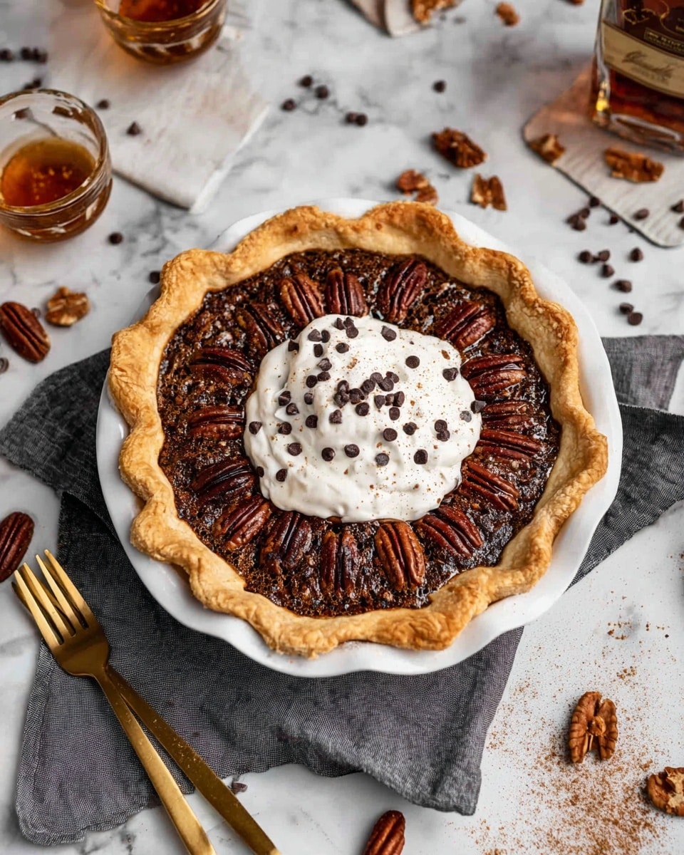 A round pecan pie with a golden brown crust, filled with a dark brown, glossy pecan filling arranged with whole pecans set in a circular pattern. On top, there is a generous dollop of white whipped cream sprinkled with small chocolate chips and a light dusting of cinnamon powder. The pie sits in a white pie dish on a dark gray cloth, with scattered pecans and tiny chocolate chips around it on a white marbled surface. Nearby, there are gold-colored fork and knife resting on the surface, with a glass of amber liquid and a bottle partially visible in the background. photo taken with an iphone --ar 4:5 --v 7