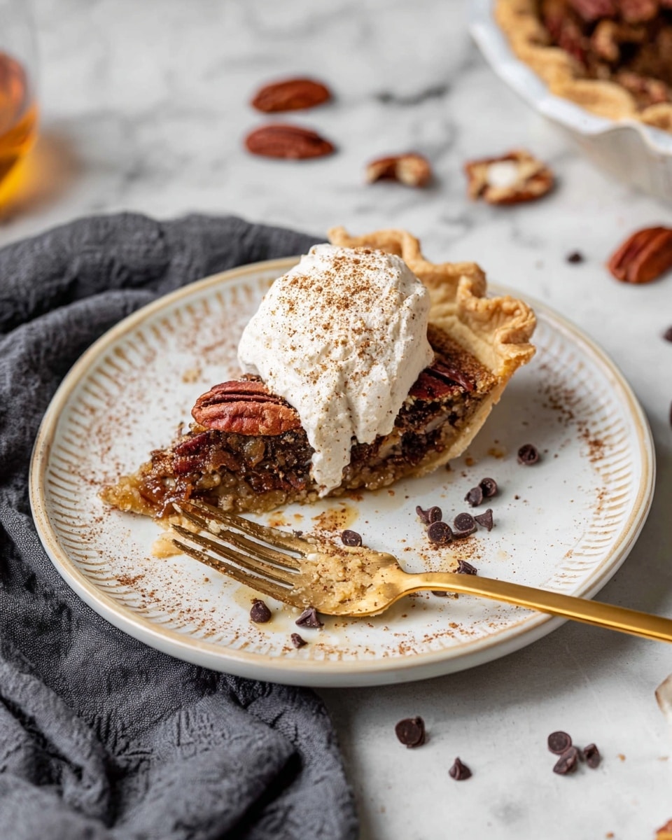 The image shows a slice of pecan pie on a white plate with a beige decorative rim, sitting on a white marbled surface. The pie has a golden brown crust with a slightly wavy edge, and a nutty filling that contains whole pecans on top. A generous dollop of whipped cream covers most of the pie slice, dusted with a light brown spice and sprinkled with small dark chocolate chips. A gold fork rests on the plate, with cream and pie crumbs clinging to its tines. A dark gray cloth lies under the plate, and some pecans and chocolate chips are scattered around the scene. Photo taken with an iphone --ar 4:5 --v 7