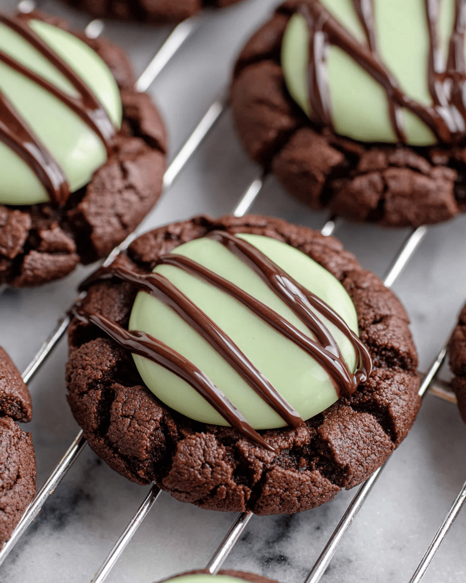 The image shows a close-up of cracked chocolate cookies with three layers. The bottom layer is a dark brown, rough-textured chocolate cookie with large cracks and uneven edges. On top of this is a smooth, round layer of pale green icing or candy placed in the center. Over the green layer, there are three thin lines of dark brown chocolate drizzle, creating a striped effect across the cookie’s top. The cookies are on a silver cooling rack, and the whole scene rests on a white marbled surface. Photo taken with an iphone --ar 4:5 --v 7
