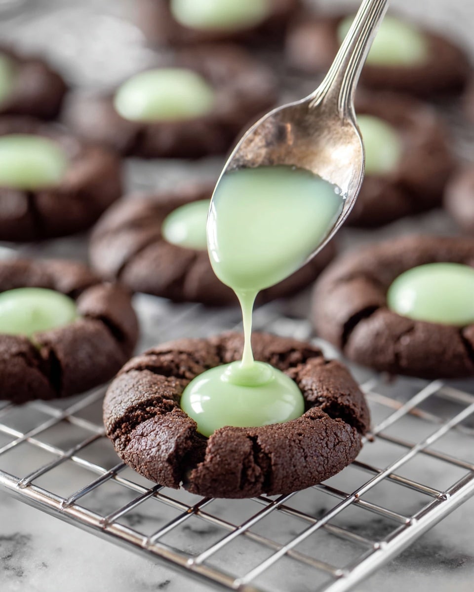 A close-up image showing a soft, dark brown chocolate cookie with cracks on its surface, placed on a metal cooling rack. A silver spoon is seen above the cookie, dripping a smooth, pale green cream filling into a small indented center of the cookie. In the background, several more cookies with the same pale green filling in the center are visible, all resting on the cooling rack set against a white marbled texture. The spoon and cookie are in sharp focus, while the background cookies are softly blurred. Photo taken with an iphone --ar 4:5 --v 7