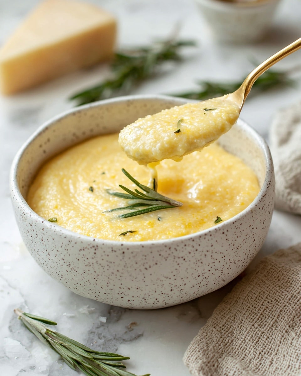 A white speckled bowl holds a creamy yellow polenta with a smooth yet slightly grainy texture, topped with a small green rosemary sprig slightly off center. A gold spoon is lifting a spoonful of the polenta, showing its thick, soft consistency with tiny grain pieces. The bowl sits on a white marbled surface with blurred green rosemary sprigs in the background, a beige textured cloth, and a chunk of pale yellowish cheese close by. photo taken with an iphone --ar 4:5 --v 7