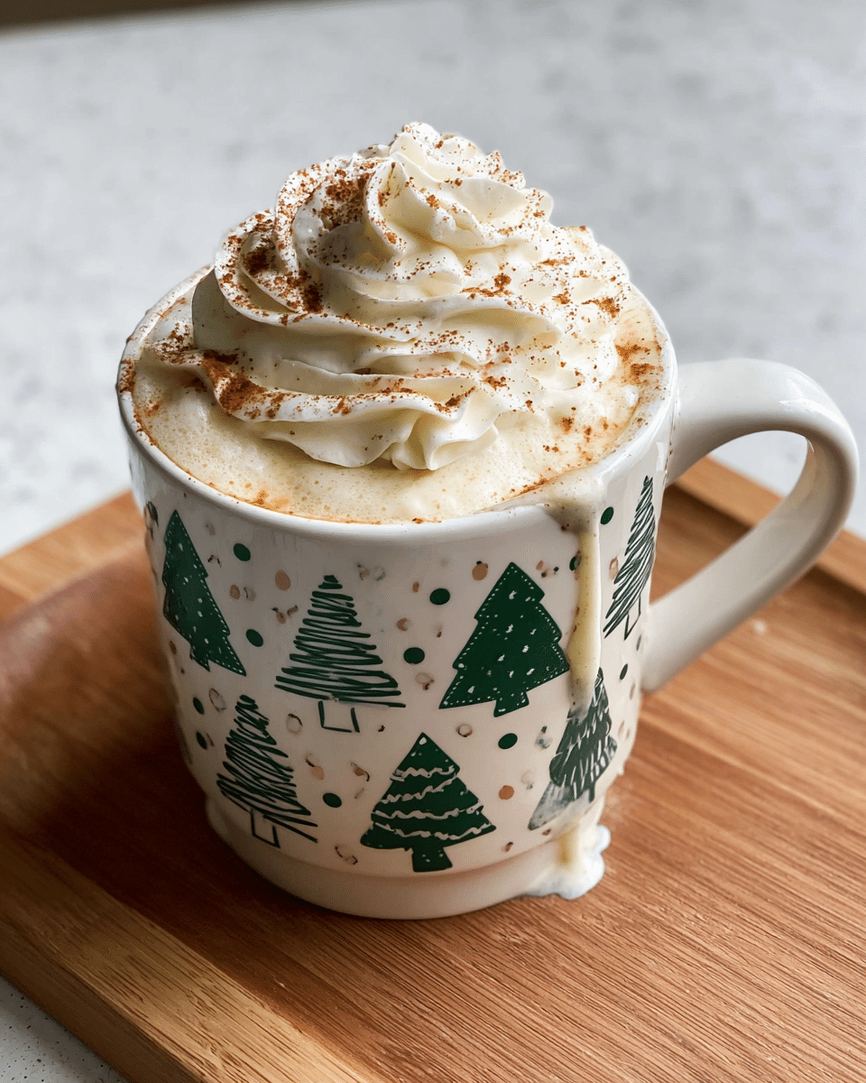 A white cup decorated with green Christmas trees and dots holds a creamy drink topped with a thick swirl of white whipped cream, sprinkled lightly with brown cinnamon powder. The drink’s frothy layer peeks beneath the whipped cream, and some of the creamy liquid drips down the side of the cup onto the wooden surface. The scene is set on a white marbled texture, capturing a cozy and festive warm drink. photo taken with an iphone --ar 4:5 --v 7