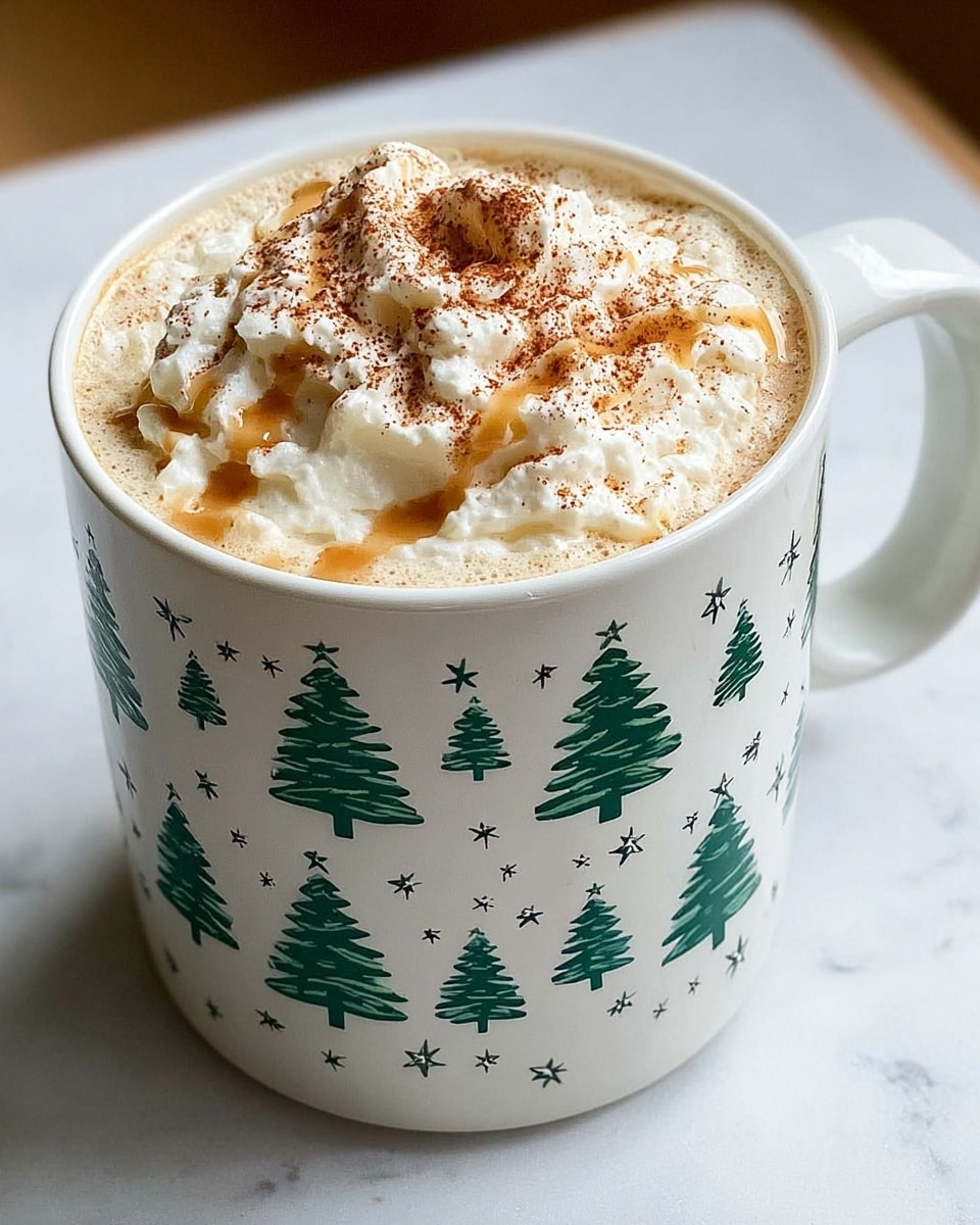 A white mug decorated with green Christmas trees and stars holds a creamy drink topped with a thick, fluffy layer of whipped cream which is lightly dusted with cinnamon powder. The drink beneath the whipped cream has a light tan color with swirls of caramel or similar sauce visible near the edges. The mug sits on a white marbled surface, creating a clean and simple background. photo taken with an iphone --ar 4:5 --v 7