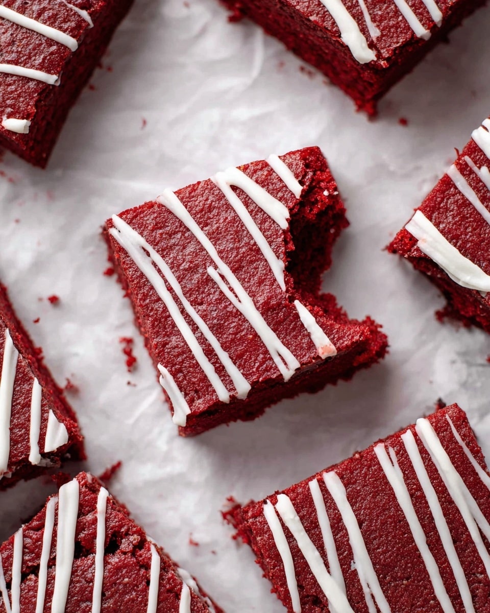 The image shows a bright red brownie cut into square pieces placed on white parchment paper over a white marbled surface. Each brownie has one visible layer, which is dense and slightly crumbly with a rich red color. Thin white icing lines are drizzled diagonally and unevenly across the top of the brownies, adding contrast and texture. One brownie in the center has a bite taken out of it, revealing the soft inside. The photo is closely focused, highlighting the texture and colors of the brownies. photo taken with an iphone --ar 4:5 --v 7