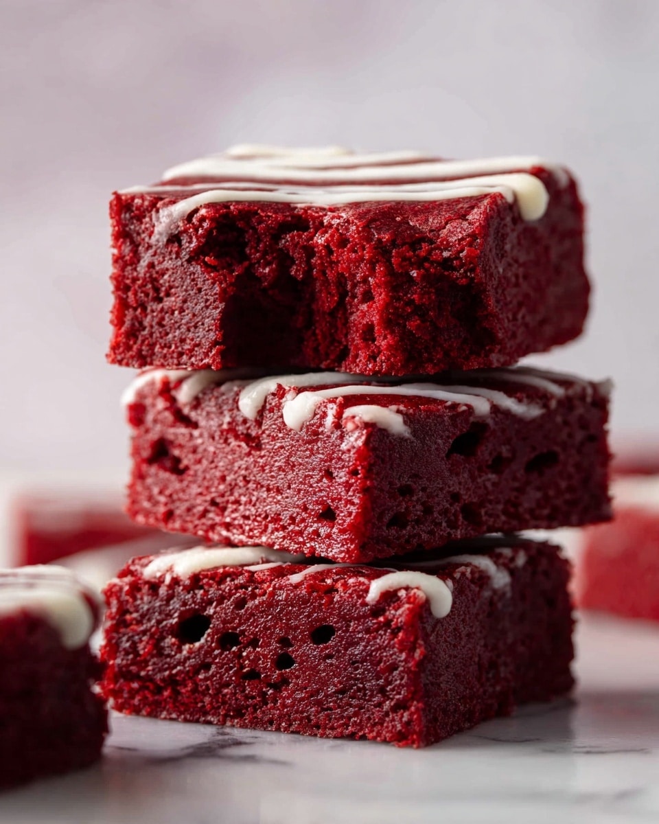 A stack of three thick red velvet brownie squares is shown on a white marbled surface. The brownies are rich red in color with a soft, moist texture and small holes visible inside. The top brownie has a bite taken out, revealing its interior. Thin white icing drizzle decorates the top surface with slightly uneven lines. The background is softly blurred, keeping focus on the vibrant, dense brownies. Photo taken with an iphone --ar 4:5 --v 7