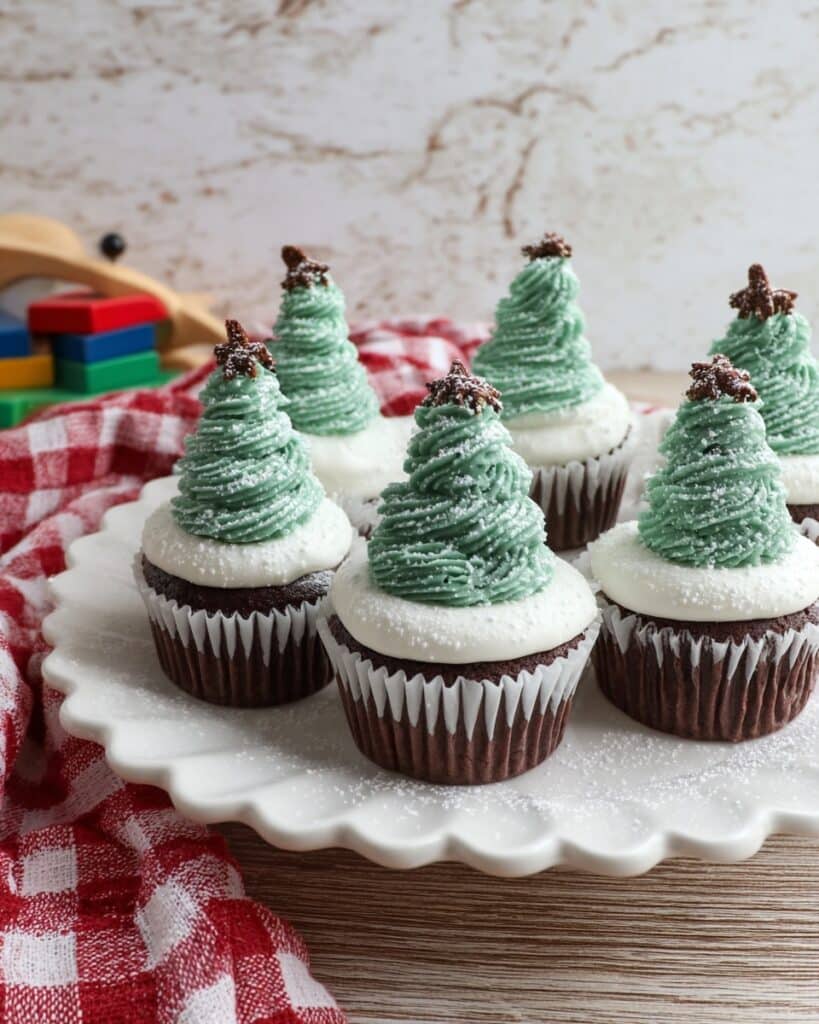 Chocolate Christmas Tree Mini Cupcakes with Pretzel Trunks Recipe