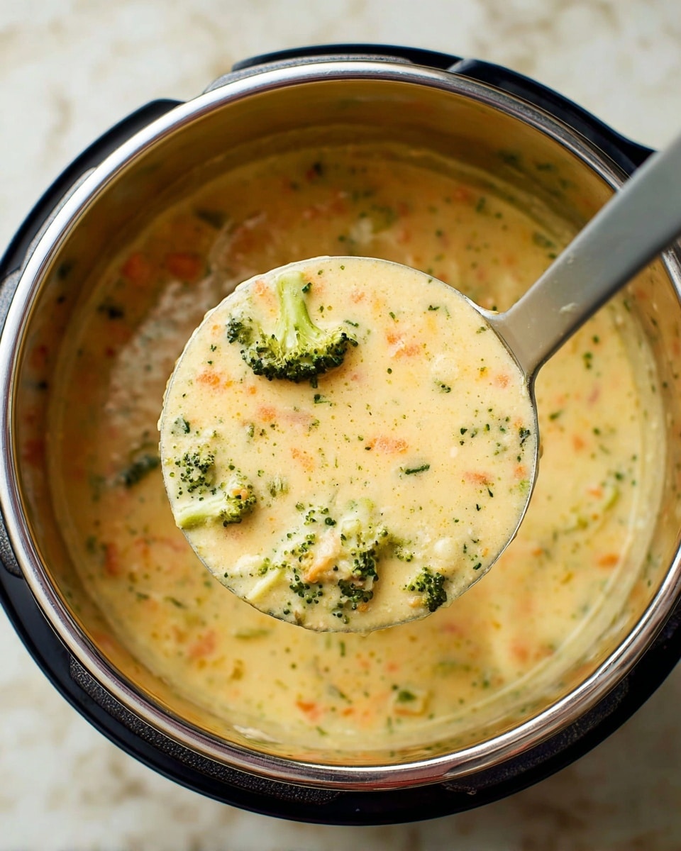 A metal ladle holds creamy soup filled with small pieces of bright green broccoli and soft orange carrot bits, showing a thick, smooth texture with a light yellow color and visible herbs. The ladle is lifted inside a shiny metal pot, reflecting the creamy soup inside. The inside of the pot and ladle shine under soft light. The background is a white marbled texture. photo taken with an iphone --ar 4:5 --v 7