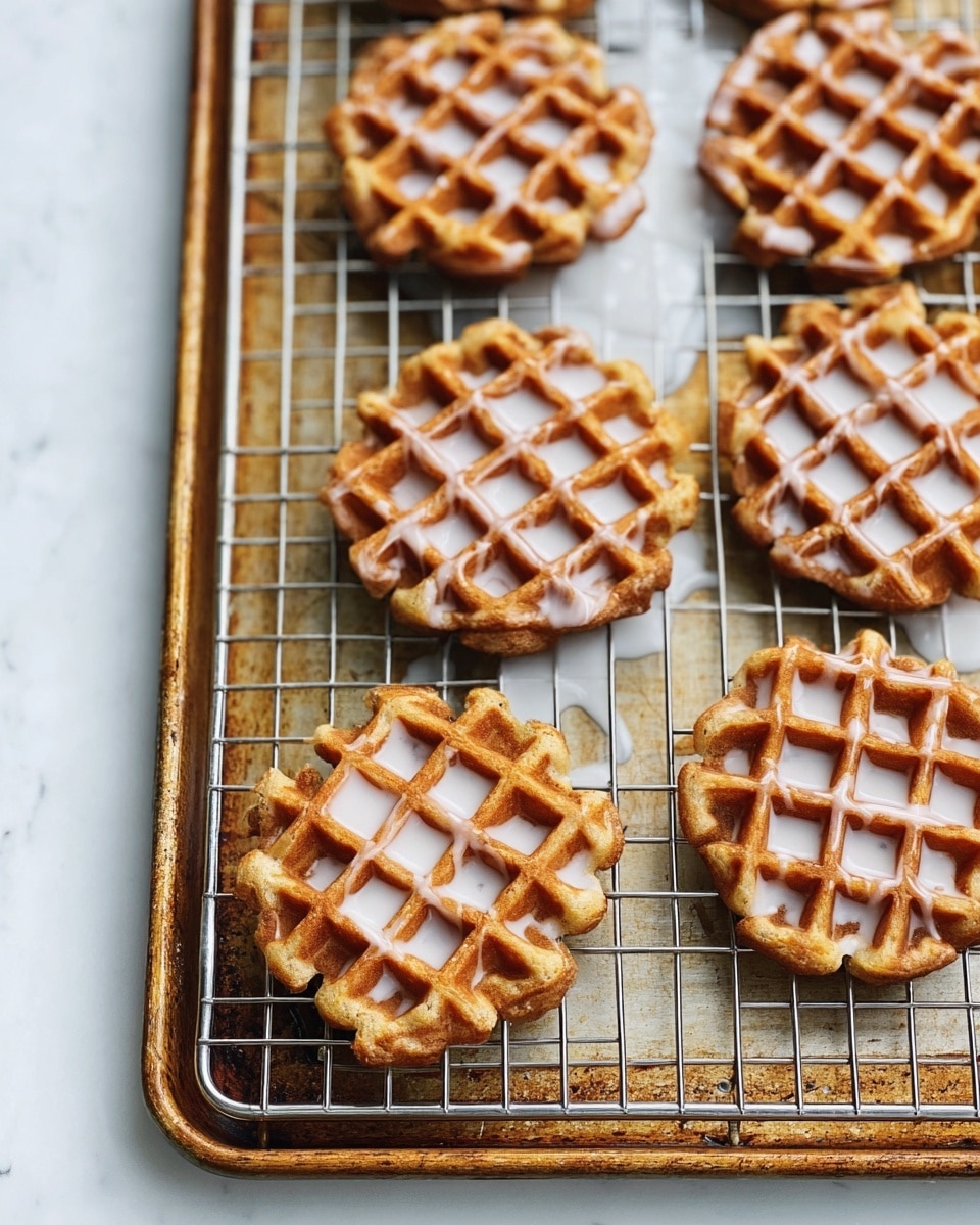 The image shows seven small, round waffles with a golden brown and slightly crispy texture, arranged on a silver wire cooling rack that sits on a worn baking sheet. The waffles have a classic grid pattern with square indentations filled with a light white glaze, some of which is dripping onto the baking sheet. The baking sheet and wire rack rest on a white marbled surface. photo taken with an iphone --ar 4:5 --v 7