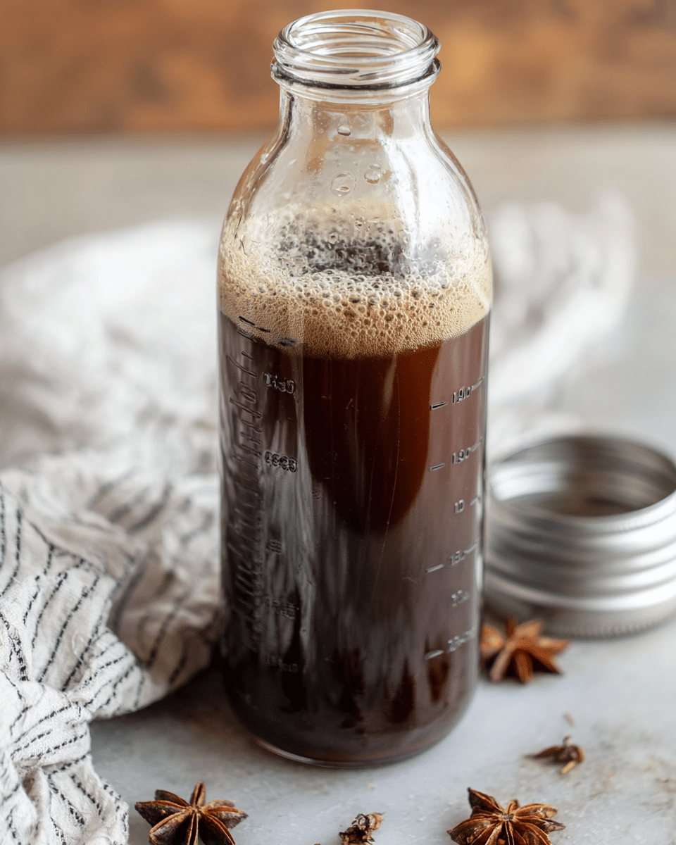 A clear glass bottle filled with dark brown liquid, showing small foam bubbles on the top surface, sits on a white marbled texture. The bottle has measurement markings on the side, with a silver metal cap placed nearby on the surface. Around the bottle, there are a few star anise spices and a white and black striped cloth partially visible, creating a warm and cozy atmosphere. The photo taken with an iphone --ar 4:5 --v 7