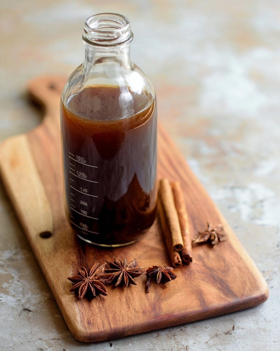 A clear glass bottle with measurement marks filled halfway with dark brown liquid sits on a wooden cutting board. There are two brown cinnamon sticks and three star anise pods placed around the bottle on the board. The background features a white marbled texture, giving a clean and simple look. photo taken with an iphone --ar 4:5 --v 7