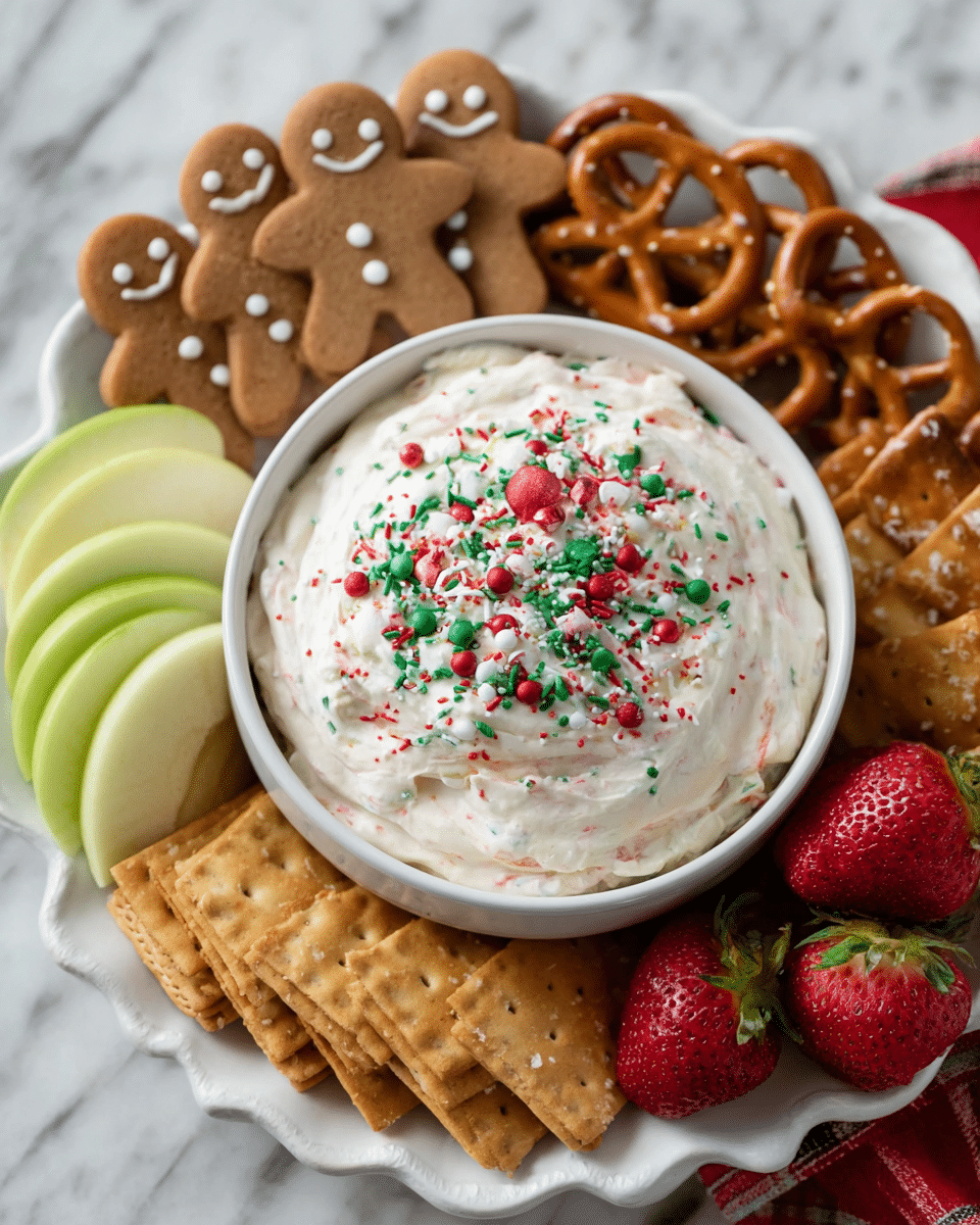 A white round bowl sits at the center, filled with creamy white dip that has small red and green specks, topped with a sprinkle of red, green, and white Christmas-themed sprinkles. Around the bowl, on a white scalloped-edge plate, are layers of different snacks: at the top are light brown gingerbread man cookies with facial and button details, to the left are thin green apple slices, below them are tan rectangular crackers, at the bottom are golden pretzels with salt visible on their surface, and to the right are bright red strawberries with green stems. The background features a white marbled texture. photo taken with an iphone --ar 4:5 --v 7