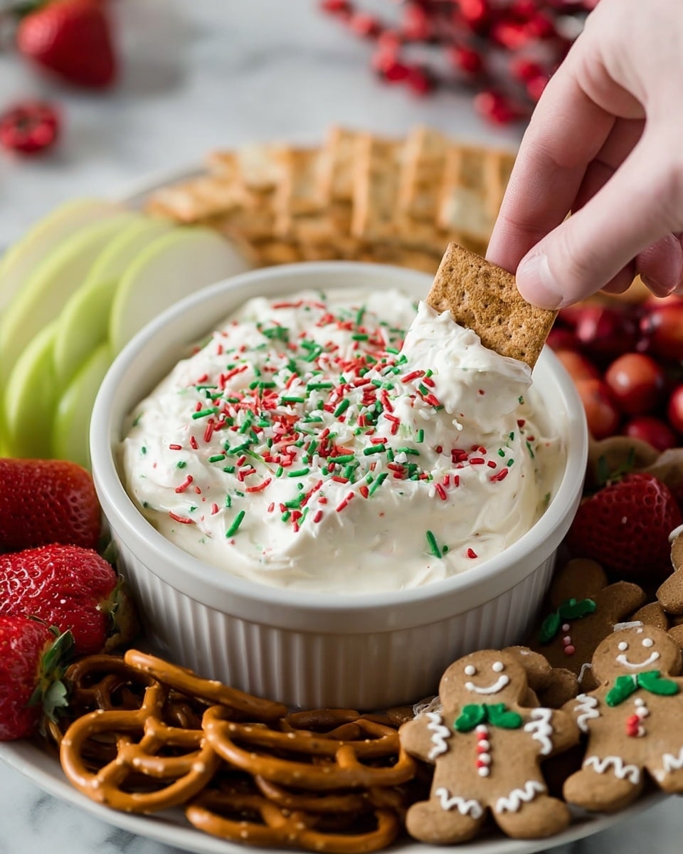 A white round bowl filled with smooth white cream cheese dip sprinkled with red, green, and white Christmas-themed sprinkles on top. A woman's hand is dipping a square, light brown cracker into the creamy dip. The bowl is placed on a large white plate surrounded by golden brown pretzels, light brown rectangular crackers, red strawberries, green apple slices, and gingerbread men cookies in the background. The whole scene is set on a white marbled surface. photo taken with an iphone --ar 4:5 --v 7