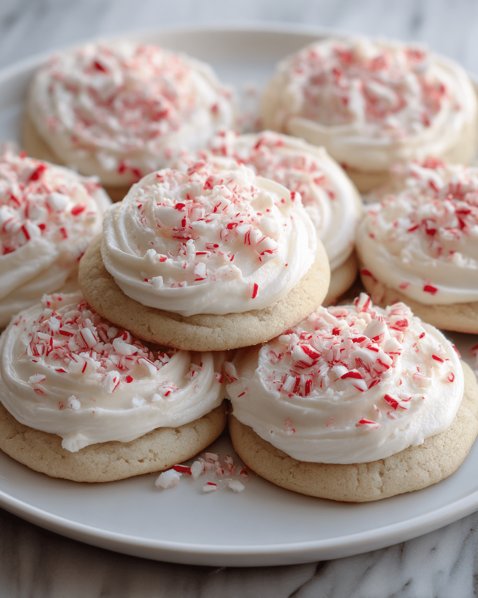 A white plate holds nine soft, round cookies, each with two layers: a light beige, slightly cracked base and a thick swirl of white frosting on top. The frosting is smooth and creamy, piled in a circular shape, and generously sprinkled with crushed red and white peppermint candy pieces that add a crunchy texture and bright color contrast. The cookies are close together, creating a cozy and inviting arrangement on a white marbled surface. photo taken with an iphone --ar 4:5 --v 7
