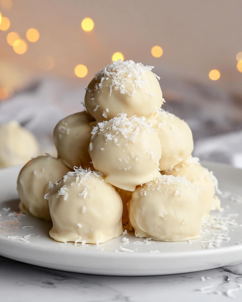 The image shows seven round white chocolate-covered truffles stacked on a white plate, with a smooth, creamy texture and a light sprinkle of finely shredded coconut on top of some truffles. The truffles have a pale beige color and a shiny finish, with some small bumps and folds visible on the surface. The white plate sits on a white marbled surface with some scattered coconut flakes around it. The background is softly blurred with warm light spots, creating a cozy atmosphere. photo taken with an iphone --ar 4:5 --v 7