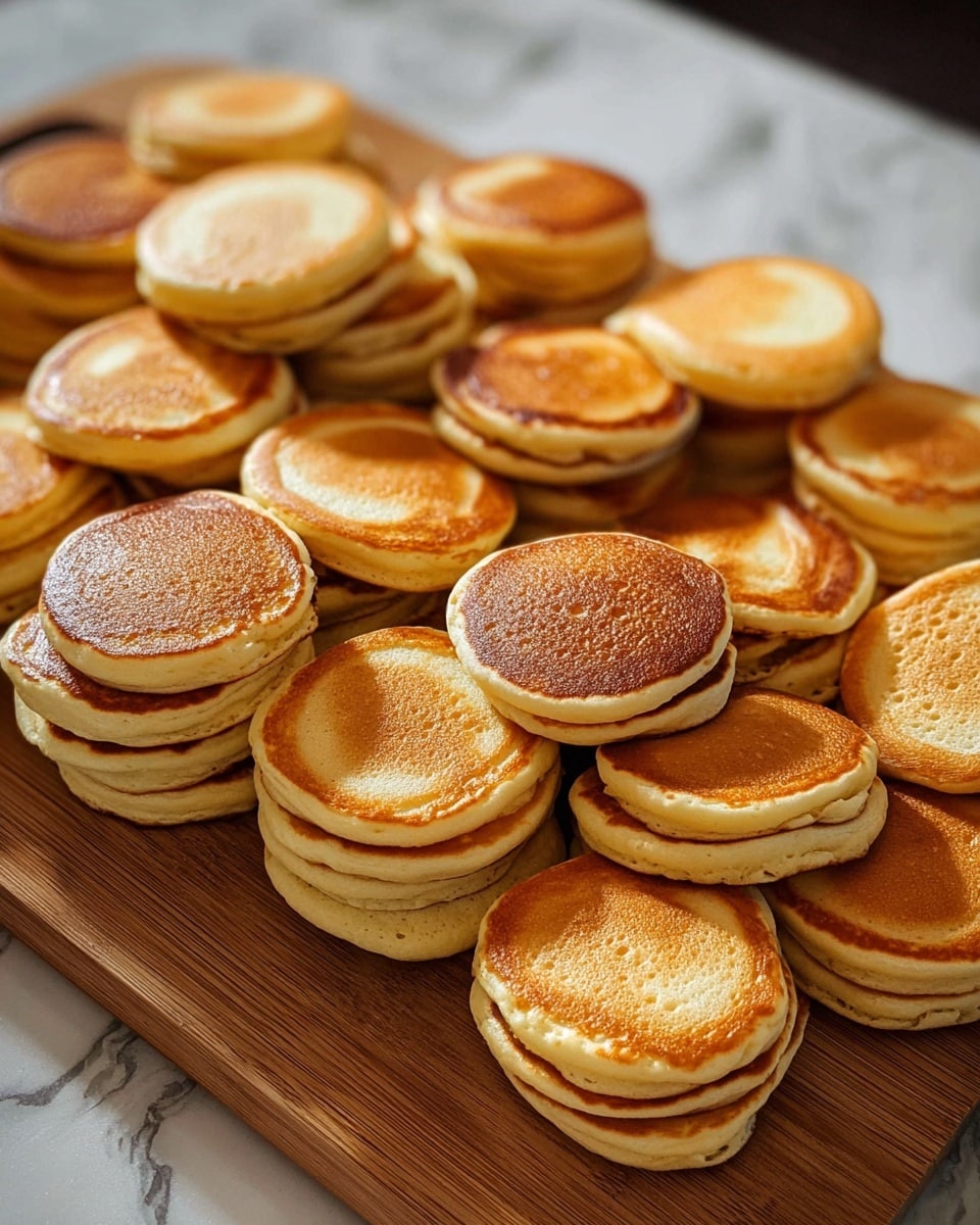 A large stack of small, round pancakes spread out on a wooden cutting board, showing three to four layers deep in many places. The pancakes have a golden brown top with some lighter and darker patches, and soft, pale yellow edges. The texture looks fluffy with a slight crisp on the outside, and they are arranged closely together, overlapping each other on a white marbled surface. Photo taken with an iphone --ar 4:5 --v 7