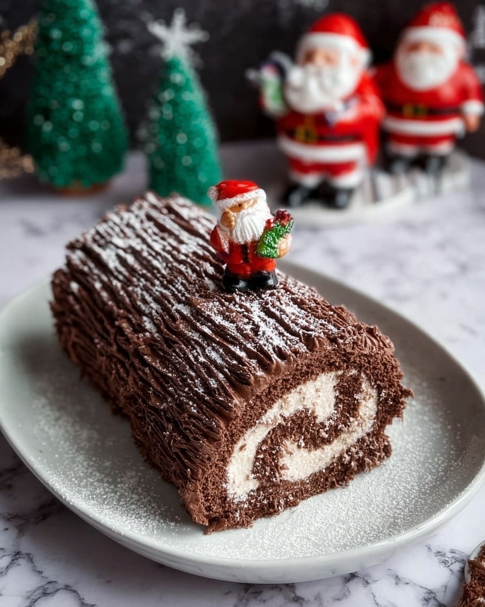 A chocolate log cake with a visible spiral of light cream filling inside, sitting on a white plate, dusted lightly with powdered sugar. The cake's outer layer is textured with chocolate frosting designed to look like tree bark with vertical grooves. On top, there is a small plastic Santa Claus holding a green bag and gift, adding a festive touch. In the background, two small green Christmas trees and a larger Santa Claus figurine are placed on a white marbled surface. Photo taken with an iphone --ar 4:5 --v 7