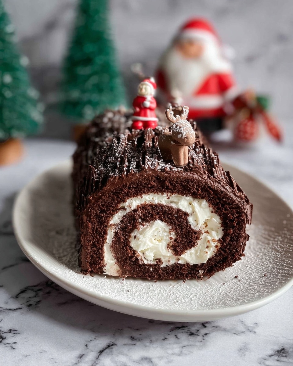 A chocolate roll cake is shown on a white plate with powdered sugar dusted around it. The cake has three main layers: a dark brown chocolate sponge rolled tightly, a creamy white filling spiraled inside, and an outer layer covered with textured chocolate frosting that is ridged to look like bark. On top, small Christmas decorations include a Santa figurine wearing red and white and standing next to a reindeer. There are two miniature green Christmas trees and a blurred Santa figurine in the background. The whole scene is set on a white marbled surface. photo taken with an iphone --ar 4:5 --v 7