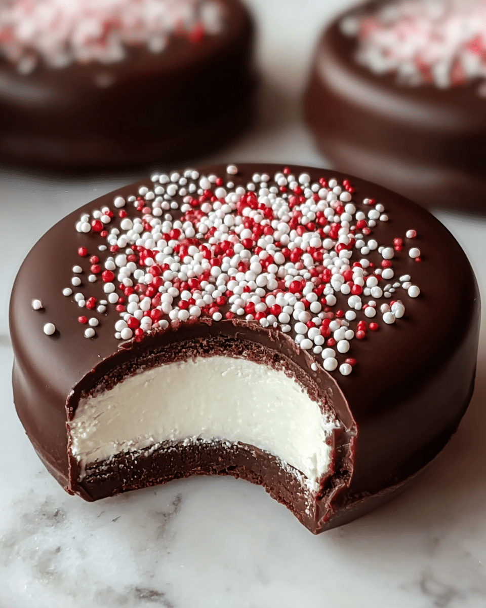 The image shows a close-up of a round chocolate-covered dessert with a smooth, dark brown outer layer. One piece is cut open, revealing two inner layers: a thick, soft-looking white layer in the middle and a dense, dark brown crumbly base at the bottom. The top surface is decorated with small red and white sprinkles scattered in a small cluster. In the background, three more whole chocolate-covered pieces are slightly out of focus, all placed on a white marbled surface. photo taken with an iphone --ar 4:5 --v 7