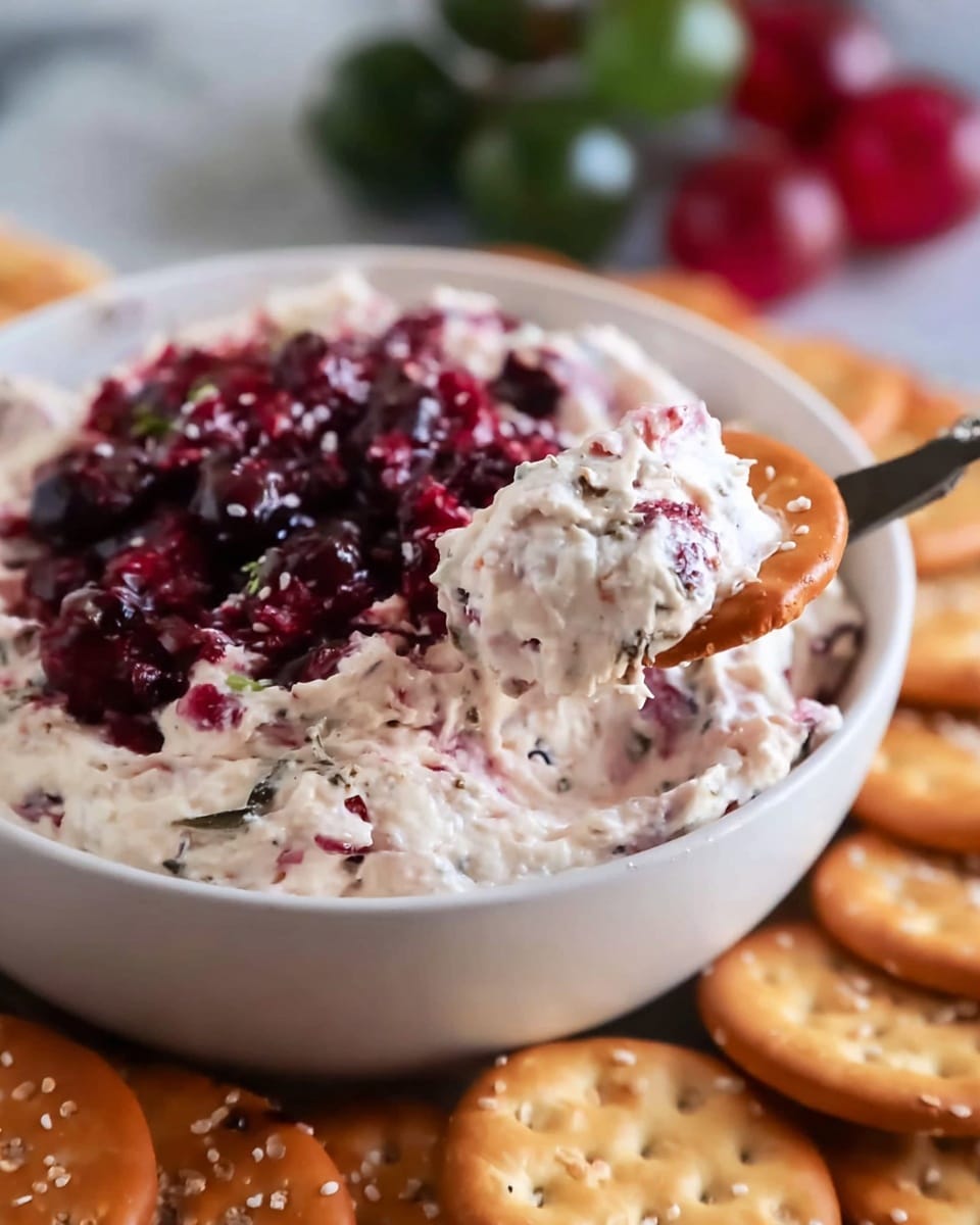 A white bowl filled with a creamy, white spread mixed with small bits of red and dark colors, topped with a pile of dark red and purple berries along with a red berry sauce. A butter knife lifts a scoop of the spread showing the thick and soft texture. Surrounding the bowl are golden round crackers and light brown pretzels with coarse salt on them. The bowl is set on a white marbled surface with blurred green and red shapes in the background. photo taken with an iphone --ar 4:5 --v 7