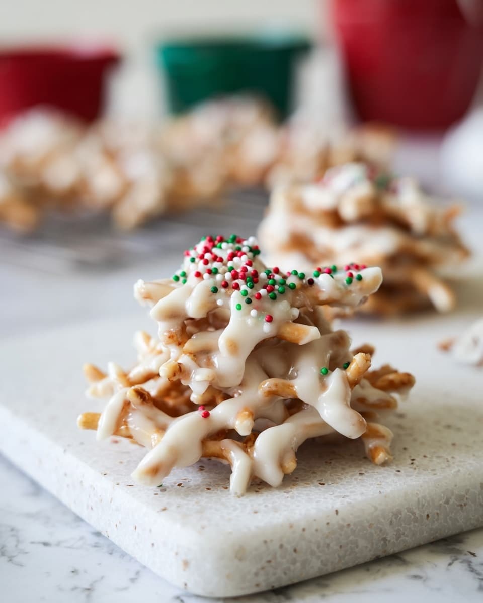 The image shows a small mound of light brown crunchy sticks, coated with a thick layer of creamy white frosting that clings to the twisted snack pieces. On top, tiny round sprinkles colored red, green, and white are scattered evenly, adding a festive touch. The snack pile is placed on a white speckled cutting board with soft edges, set against a white marbled surface. The blurred background hints at more of these coated snack piles and some colorful containers, but the focus remains on the front pile with a soft, natural light enhancing the smooth frosting and rough texture of the sticks. photo taken with an iphone --ar 4:5 --v 7