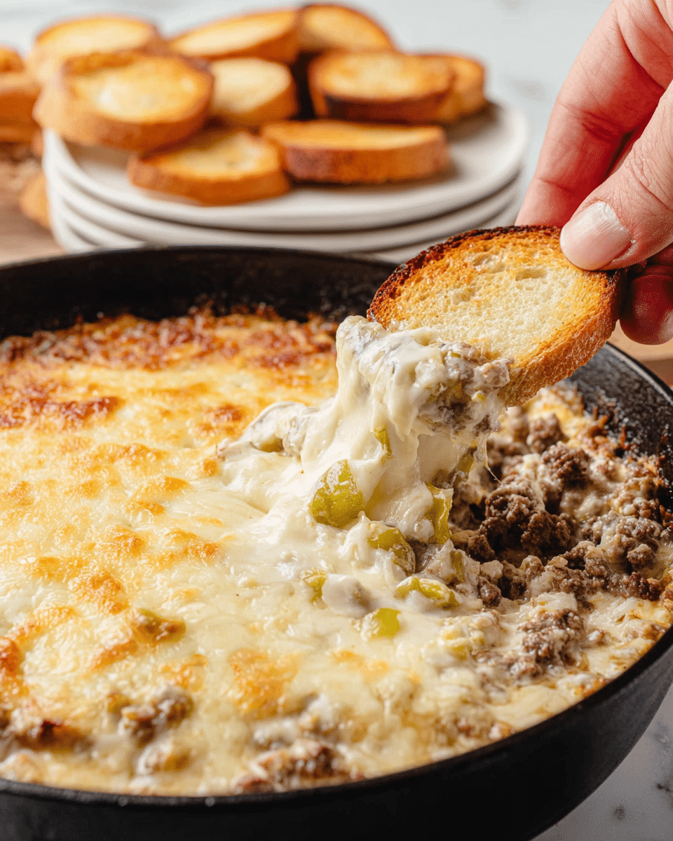 A close-up of a black skillet filled with a creamy dip that has a thick, melted cheese layer on top with a golden brown edge. Underneath the cheese, there is a mixture with a chunky texture of browned ground meat, small pieces of diced onions, and bits of green pickles, all bound together in a creamy sauce. A woman's hand is dipping a light brown toasted bread slice into the mixture, showing the soft inside part of the dip covered with melted cheese. In the background, there are more toasted bread slices on a white plate and stacks of white plates resting on a white marbled surface. Photo taken with an iphone --ar 4:5 --v 7