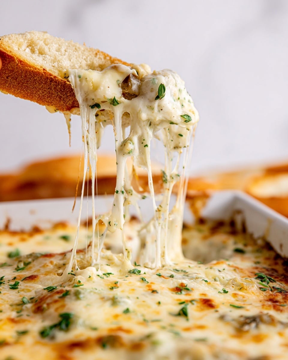 A close-up shot shows a white tray filled with a baked cheesy dish, topped with melted, golden-brown cheese dotted with small green herb pieces. A slice is being lifted from the tray with a piece of crusty bread, and long, gooey strands of stretchy, creamy white cheese pull away from the tray. The herbs are scattered evenly on the cheese surface, and the crusty bread slice is light brown with a rough texture. The background features a soft white marbled texture. Photo taken with an iphone --ar 4:5 --v 7