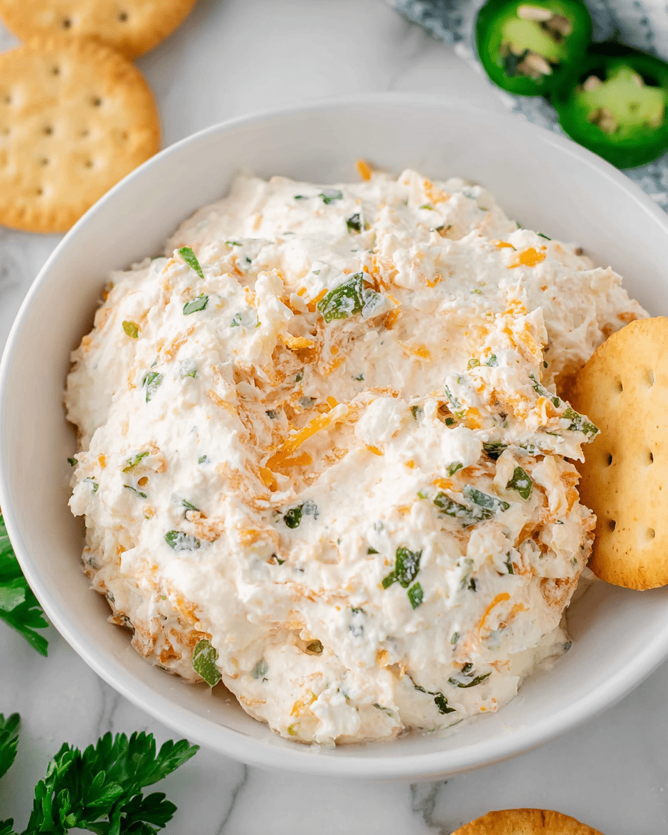 A white bowl filled with a creamy, mixed cheese dip that has a soft, smooth texture with visible orange shredded cheese and finely chopped green herbs scattered within. The dip appears thick and slightly chunky with bits of crumbly texture throughout. Around the bowl, there are light golden round crackers partially dipped into the cheese mixture. The background is a white marbled surface with some green jalapeño slices and parsley leaves adding a fresh touch. photo taken with an iphone --ar 4:5 --v 7