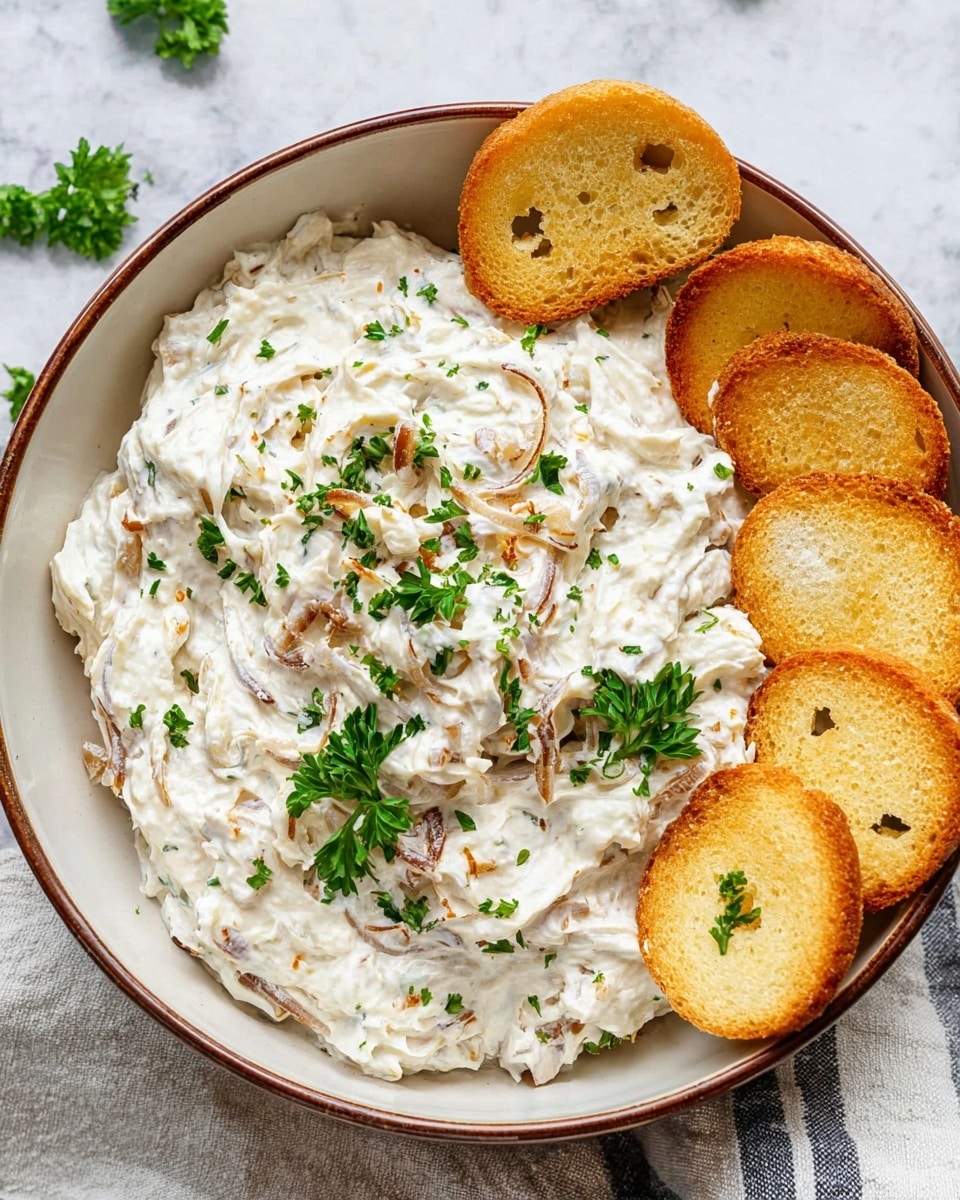 A large white bowl with a brown rim holds a creamy white dip with visible soft caramelized onion pieces swirled throughout, creating a textured look. The dip is garnished with small sprigs of fresh green parsley scattered on top, and three round, golden toasted bread slices are partially inserted into the center, adding a crispy contrast. On the side of the bowl, more toasted bread slices lean over the edge. The bowl sits on a white marbled surface with a light-colored striped cloth partly visible underneath. Photo taken with an iphone --ar 4:5 --v 7