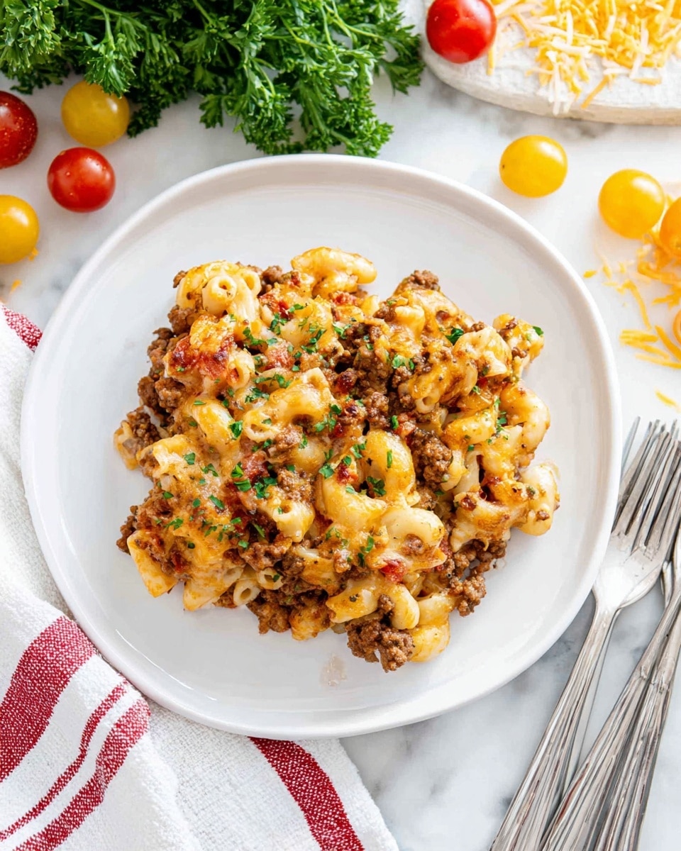 A white plate holds a serving of baked pasta made with elbow macaroni layered with ground beef, rich melted cheddar cheese, and bits of tomato, all mixed together in a creamy sauce. The dish is topped with finely chopped green herbs, adding a touch of color on top. The pasta looks soft, coated with golden melted cheese with a slightly browned, textured surface from baking. Surrounding the plate are a white marbled surface, a bunch of fresh parsley, small yellow and red cherry tomatoes, some shredded cheese scattered, a white cloth with red stripes, and three metal forks lying beside the plate. Photo taken with an iphone --ar 4:5 --v 7