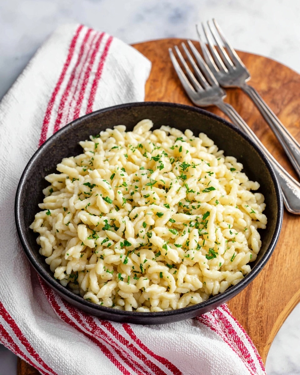A close-up view of a black bowl filled with soft, small, pale yellow spaetzle noodles sprinkled with finely chopped green herbs, placed on a wooden board with a smooth natural grain. Next to the bowl is a white cloth with red stripes and two silver forks resting on it. The whole scene is set against a white marbled texture background. photo taken with an iphone --ar 4:5 --v 7