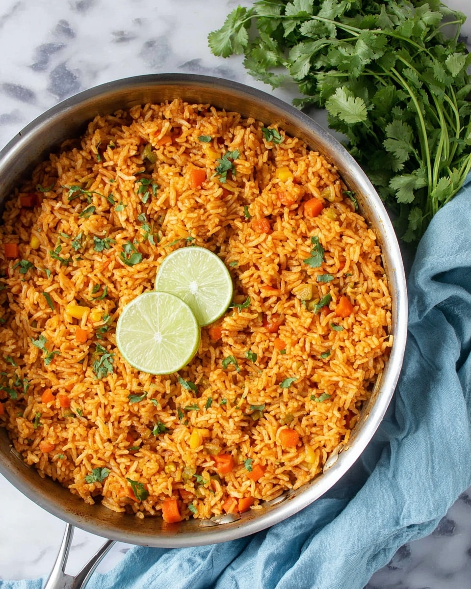 A large silver pan filled with cooked orange-colored rice mixed with small diced pieces of carrots and yellow vegetables, scattered with chopped fresh green cilantro leaves on top. Two lime wedges rest near the center of the rice. The pan is placed on a folded light blue cloth, all set on a white marbled surface, with an extra bunch of fresh cilantro to the side. photo taken with an iphone --ar 4:5 --v 7