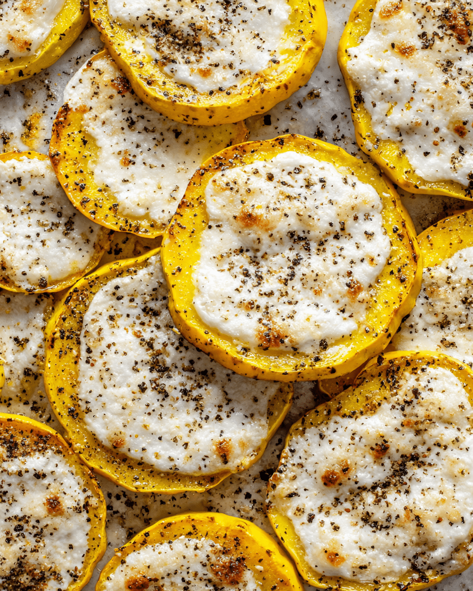 The image shows several round slices of yellow squash arranged closely together on a baking tray. Each slice has a layer of melted white cheese on top with a slightly bubbly texture, some spots browned from baking. The yellow squash edges are bright and glossy, contrasting with the creamy white cheese layer. Black pepper is sprinkled generously over the cheese, adding texture with small dark specks. The background is a white marbled texture. photo taken with an iphone --ar 4:5 --v 7
