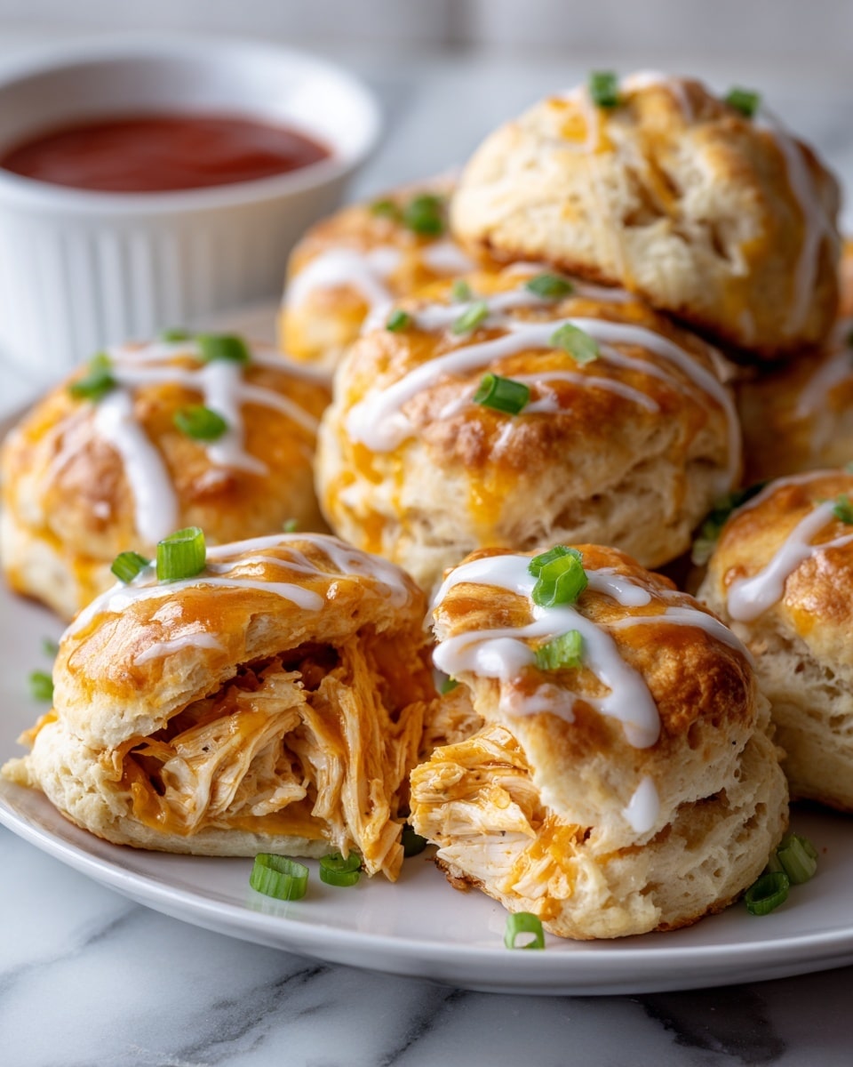 The image shows a close-up of a plate filled with round, golden-brown baked biscuits that have a flaky texture. Inside each biscuit is a shredded orange filling, likely cheese and chicken, visible in the two biscuits at the front that are split open. The biscuit tops are drizzled with shiny orange sauce and small white cream streaks, garnished with finely chopped green onions. In the background, there is a small white bowl containing a red sauce. The plate is white and placed on a white marbled surface. Photo taken with an iphone --ar 4:5 --v 7