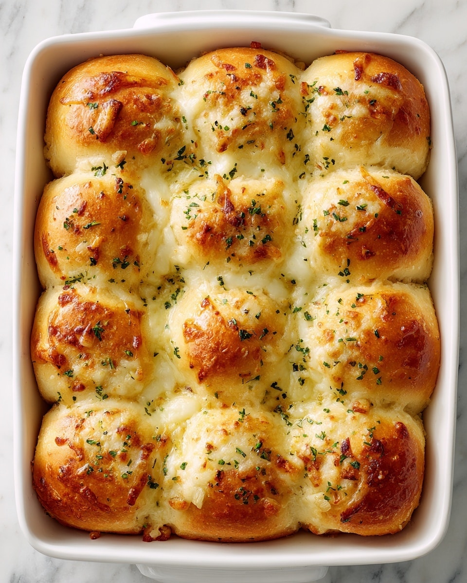 A white rectangular baking dish holds nine soft, golden-brown dinner rolls arranged in a 3x3 grid, nestled closely together. Each roll has a shiny, slightly crispy top layer covered with melted white cheese that is stringy and slightly browned in spots. Sprinkled evenly across the cheese are finely chopped green herbs and small bits of garlic, adding texture and color contrast. The background shows a white marbled surface beneath the dish, highlighting the warm tones of the baked rolls. photo taken with an iphone --ar 4:5 --v 7