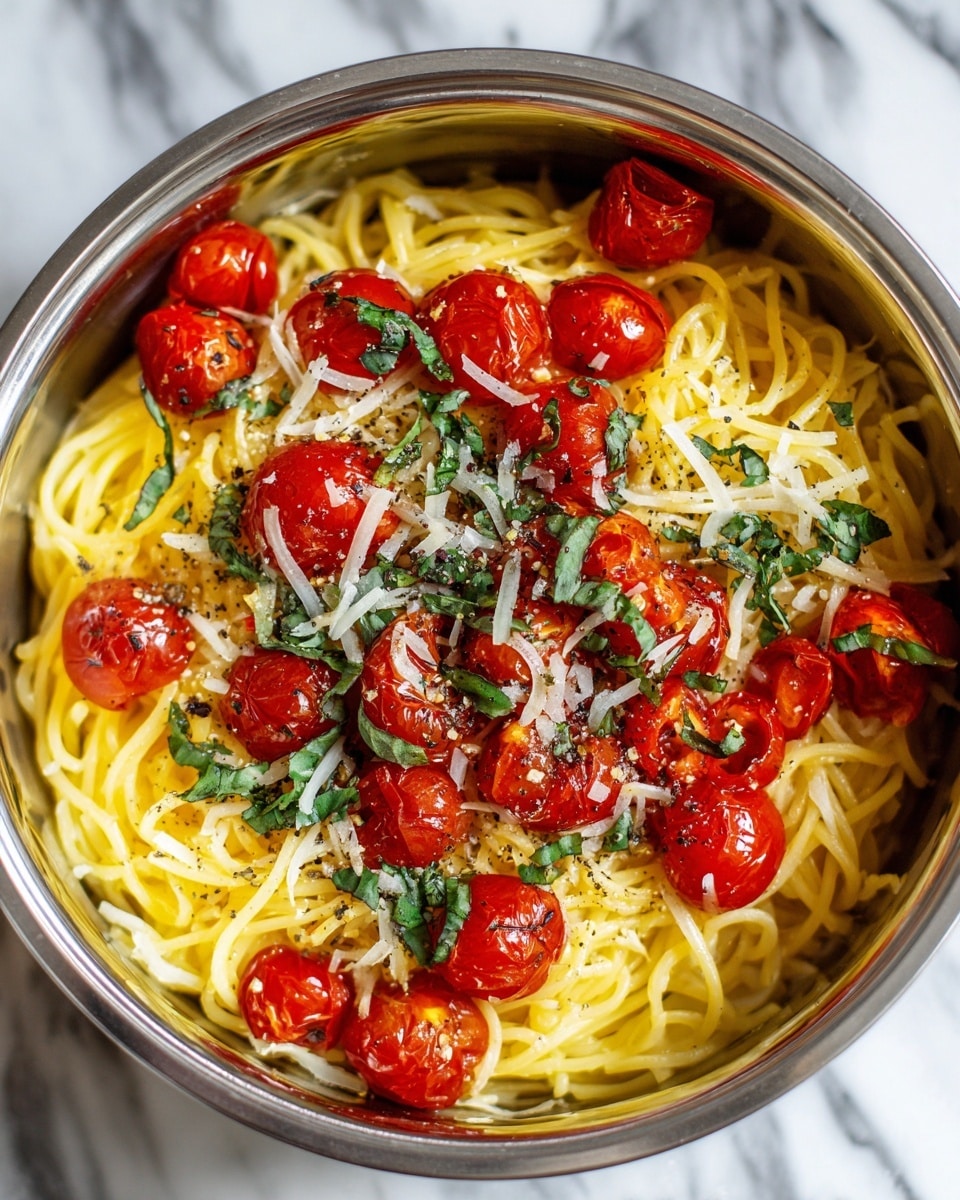 This image shows a close-up of a pasta dish with three main layers: a base of cooked yellow spaghetti noodles, a middle layer of bright red whole and halved cherry tomatoes, and fresh green basil leaves scattered on top. There are fine white shreds of cheese sprinkled evenly over the pasta and tomatoes, giving a light texture contrast. Small dark specks of black pepper and chopped green herbs add small color details. The dish is inside a container with a silvery shine, all set on a white marbled surface. photo taken with an iphone --ar 4:5 --v 7