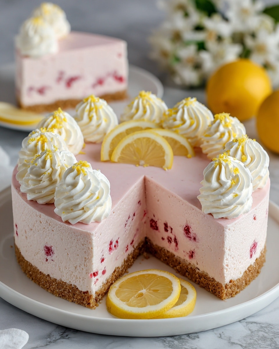 This image shows a three-layered lemon-raspberry cheesecake on a white plate over a white marbled texture. The bottom layer is a thick, crumbly, light brown crust. Above it is a thick, pale pink creamy layer with small red raspberry pieces mixed inside. The top layer is smooth pale pink filling with decorative white whipped cream swirls lined evenly around the edge. Each swirl has small yellow lemon zest sprinkles on top. Two lemon slices crown a swirl in the center, while two more lemon slices rest on the plate near the cheesecake slice that has been cut and removed. The background features blurred whole lemons and white flowers. Photo taken with an iphone --ar 4:5 --v 7