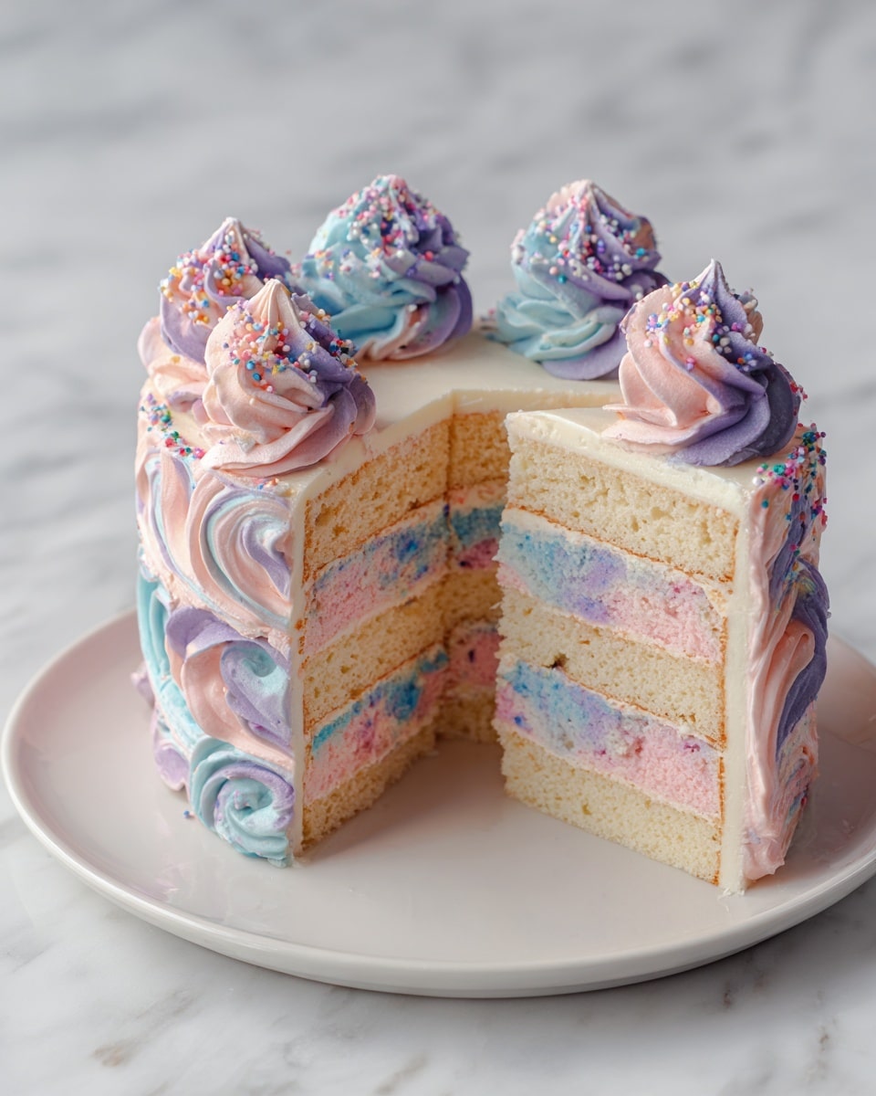 The cake is tall with four layers, each layer showing alternating pastel colors of light blue, pink, and a hint of purple mixed in. Between each cake layer, there is a smooth creamy white frosting spread evenly. The outside of the cake is covered with swirl patterns of pastel pink, blue, and purple frosting, creating a soft, cloud-like texture. The top of the cake has large dollops of mixed pastel pink, blue, and purple whipped frosting, with colorful sprinkles lightly scattered over them. The cake slice reveals the neat division of layers and creamy fillings inside. The cake sits on a white plate placed on a white marbled surface. photo taken with an iphone --ar 4:5 --v 7