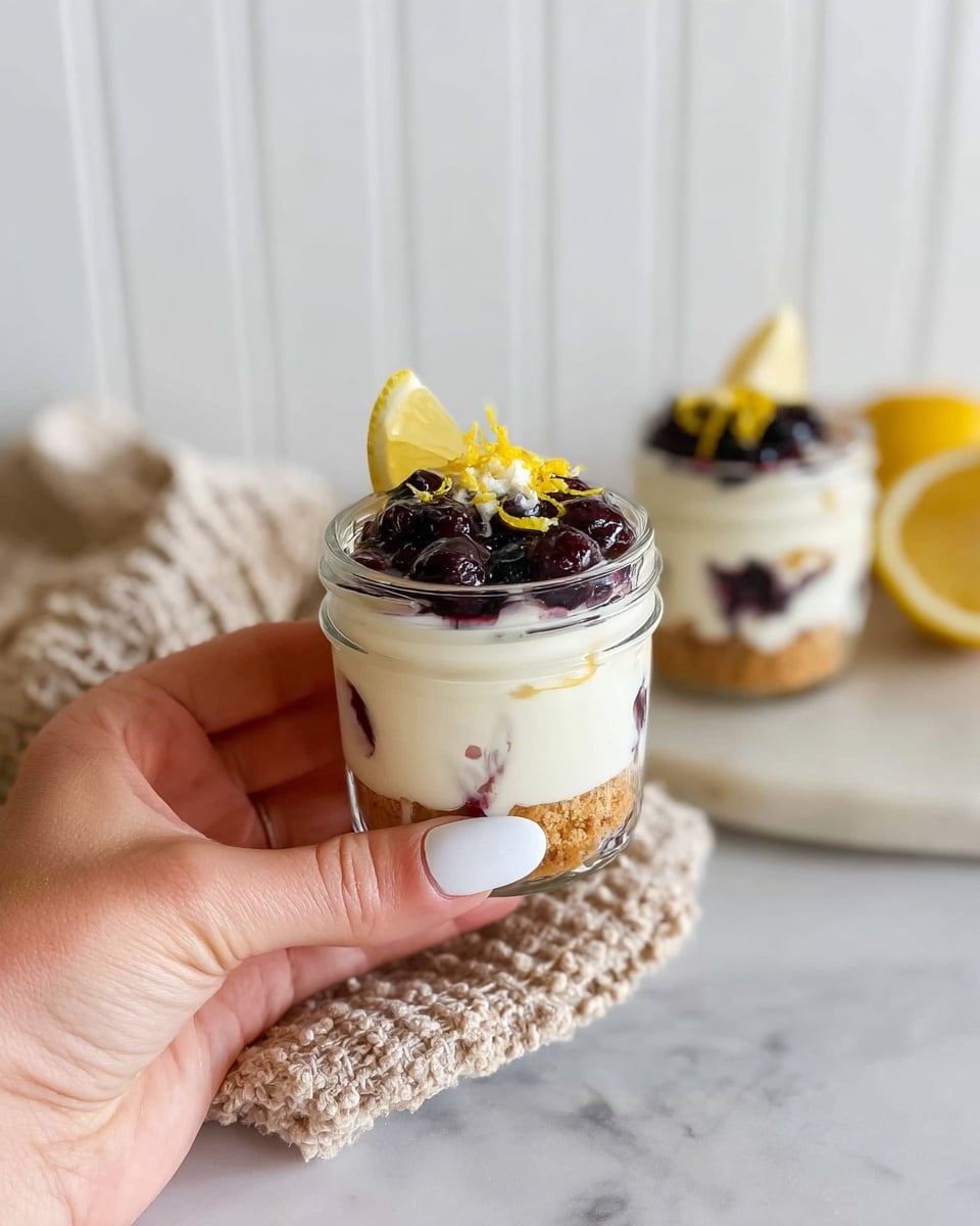 A small glass jar dessert with three clear layers is held by a woman's hand with white nail polish. The bottom layer is light brown and crumbly, resembling a cookie or biscuit base. The middle layer is thick, smooth, and white, likely a creamy filling. The top layer features dark purple and black mixed berries, with drizzle of light yellow zest and a small wedge of lemon resting on the rim. In the background on a white marbled surface, there is a second similar jar dessert without berries, topped with lemon zest and a lemon wedge. A beige textured cloth is loosely placed, and the background shows white vertical paneling. Photo taken with an iphone --ar 4:5 --v 7