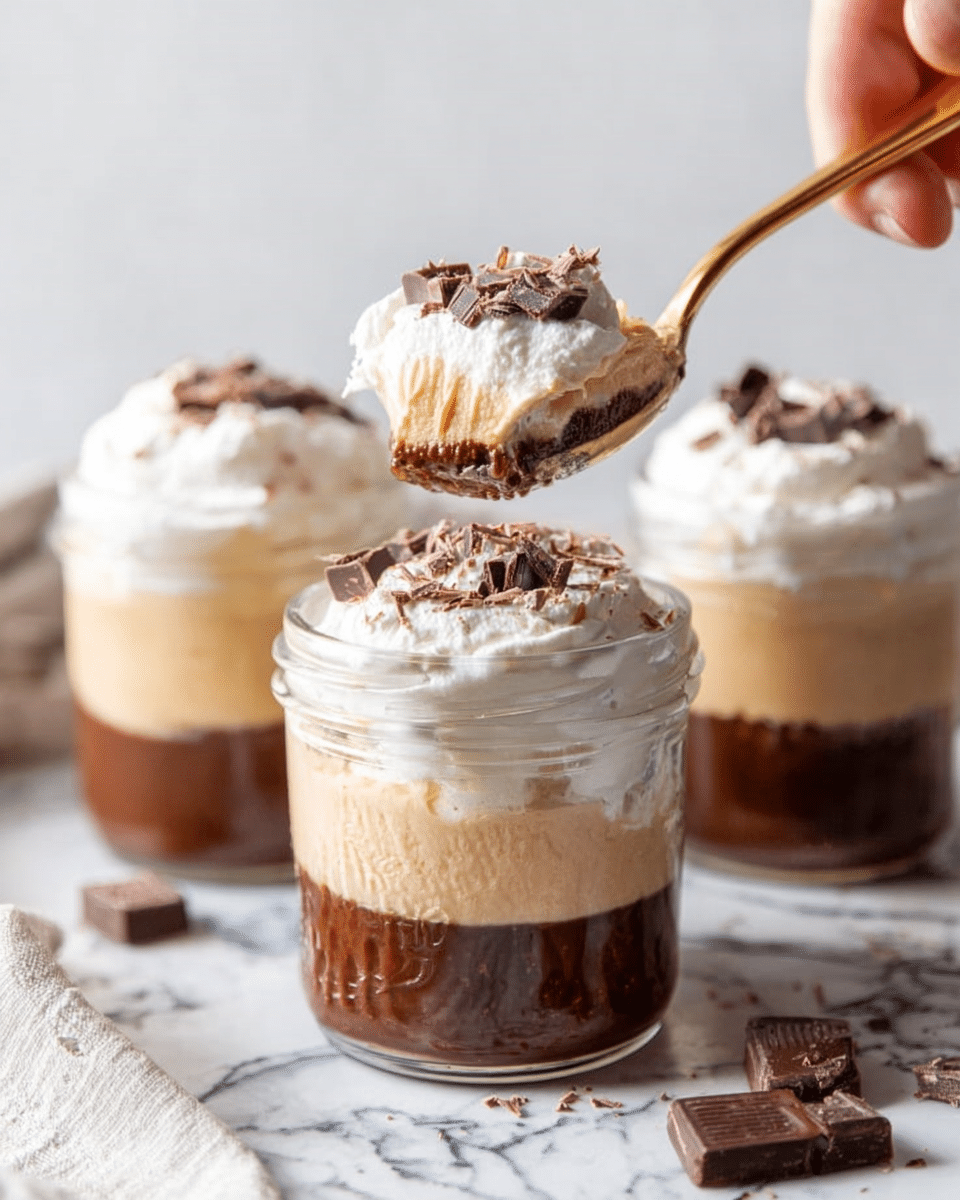 The image shows three glass jars with a dessert made of three layers. The bottom layer is thick and dark brown, looking smooth and rich. The middle layer is light beige, creamy, and fluffy. The top layer is white whipped cream with small pieces of chocolate sprinkled over it. A woman's hand holds a golden spoon with a scoop showing all three layers, with the white whipped cream on top, beige cream in the middle, and dark brown layer at the bottom. The jars are placed on a white marbled surface with some extra chocolate pieces scattered around. Photo taken with an iphone --ar 4:5 --v 7
