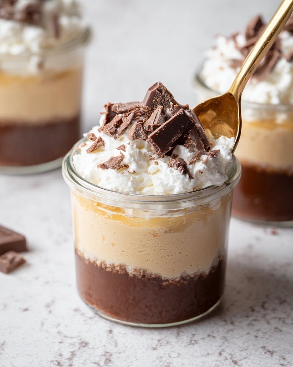 A small clear glass jar holds a three-layer dessert set against a white marbled surface. The bottom layer is thick and dark brown, smooth like chocolate pudding. Above it is a light beige creamy layer, slightly textured and filling most of the jar. On top sits a fluffy white whipped cream layer, crowned with chopped pieces of chocolate candy, scattered unevenly for a textured look. A gold spoon is scooping into the whipped cream and beige layer, with the spoon positioned slightly inside the jar. In the background, two similar jars can be seen blurred. photo taken with an iphone --ar 4:5 --v 7