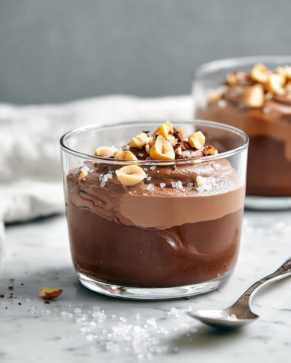 The image shows a clear glass cup with two layers of chocolate dessert inside. The bottom layer is smooth and thick with a rich dark brown color. The top layer is a lighter, creamy chocolate mousse with a soft texture. On top of the mousse, there are pieces of chopped nuts in light brown and beige colors and a few flakes of coarse sea salt. The cup sits on a white marbled surface with some salt flakes scattered around. Next to the cup is a silver spoon. In the background, part of another identical cup with the same dessert is visible, slightly blurred. photo taken with an iphone --ar 4:5 --v 7