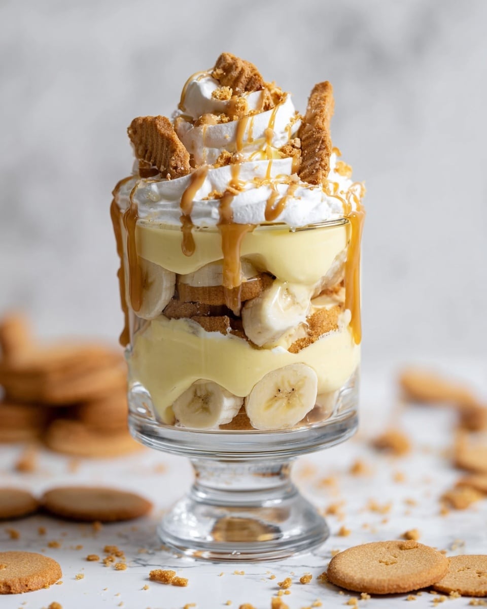 A clear glass dessert cup with a thick pedestal base shows a layered banana pudding. The bottom layer is made of golden brown cookies, partially covered by creamy pale yellow pudding mixed with round banana slices pressed against the glass. Above this is another layer of cookies and pudding, with more banana slices visible. The top is piled with white whipped cream, drizzled with a light brown peanut butter sauce, and sprinkled with small cookie pieces. The whole setup sits on a white marbled surface with scattered cookie crumbs around. photo taken with an iphone --ar 4:5 --v 7
