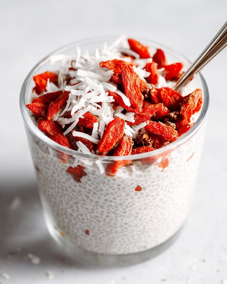 A clear glass filled with a creamy, light gray chia pudding as the bottom layer, showing a slightly grainy texture, topped with bright red dried goji berries scattered across the surface, and thin, white shredded coconut sprinkled on top. A silver spoon is placed inside the glass on the right side, resting against the inner wall. The glass is set on a white marbled surface, with soft natural light highlighting the colors and textures. photo taken with an iphone --ar 4:5 --v 7