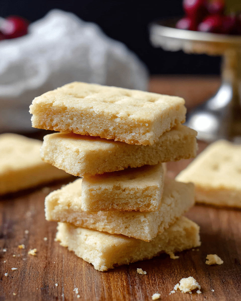 A stack of four rectangular shortbread cookies is shown on a wooden surface with a few crumbs around. Each cookie is a pale golden color with a slightly crumbly texture and small dimples on the top surface, stacked unevenly so that the edges of each cookie are visible. In the background, there is a blurred white cloth holding more cookies and some faint red berries, with a silver stand also visible. The overall focus is on the simple, rustic look of the shortbread. photo taken with an iphone --ar 4:5 --v 7